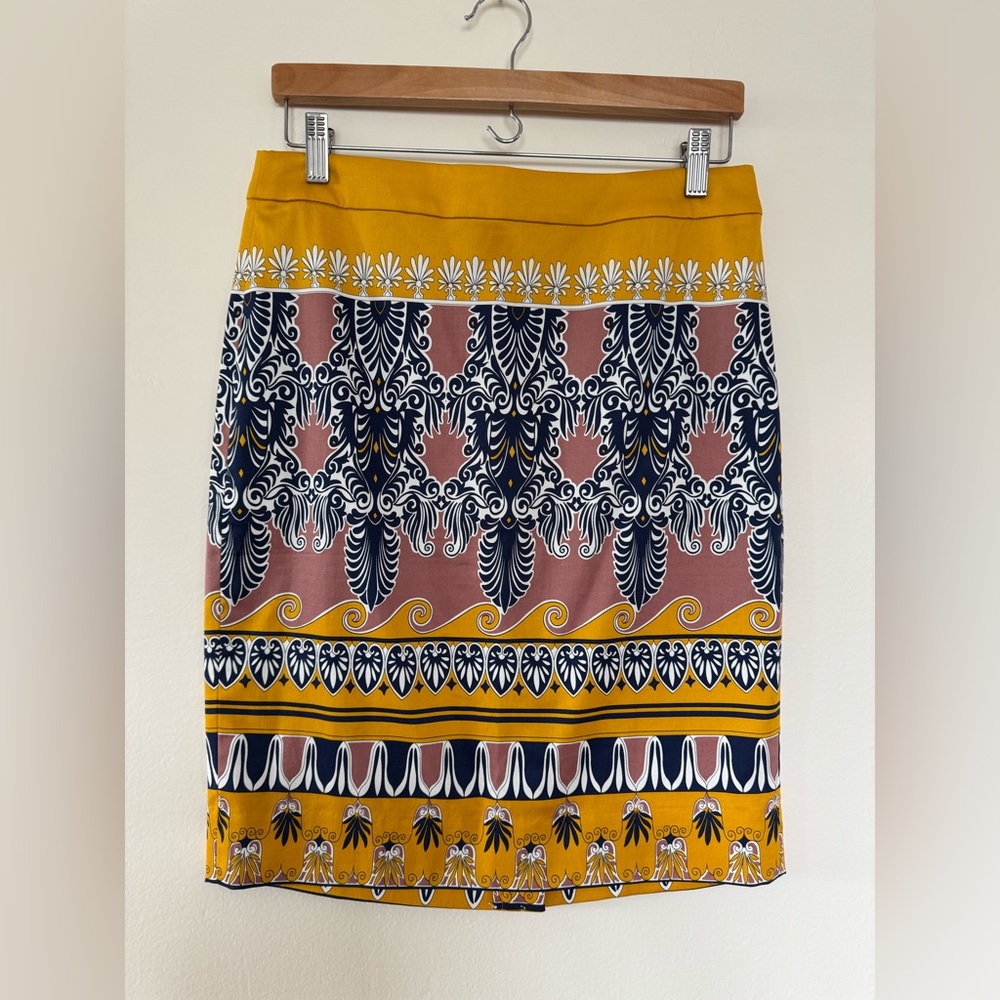 J. Crew Yellow and Blue Pleated Pencil Skirt
